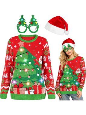 Festive 3-Pack Light-Up Ugly Christmas Sweaters for Women with Glasses & Hat